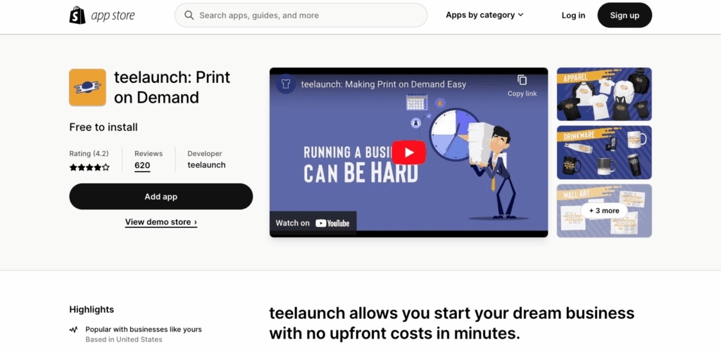 Teelaunch Shopify app store page