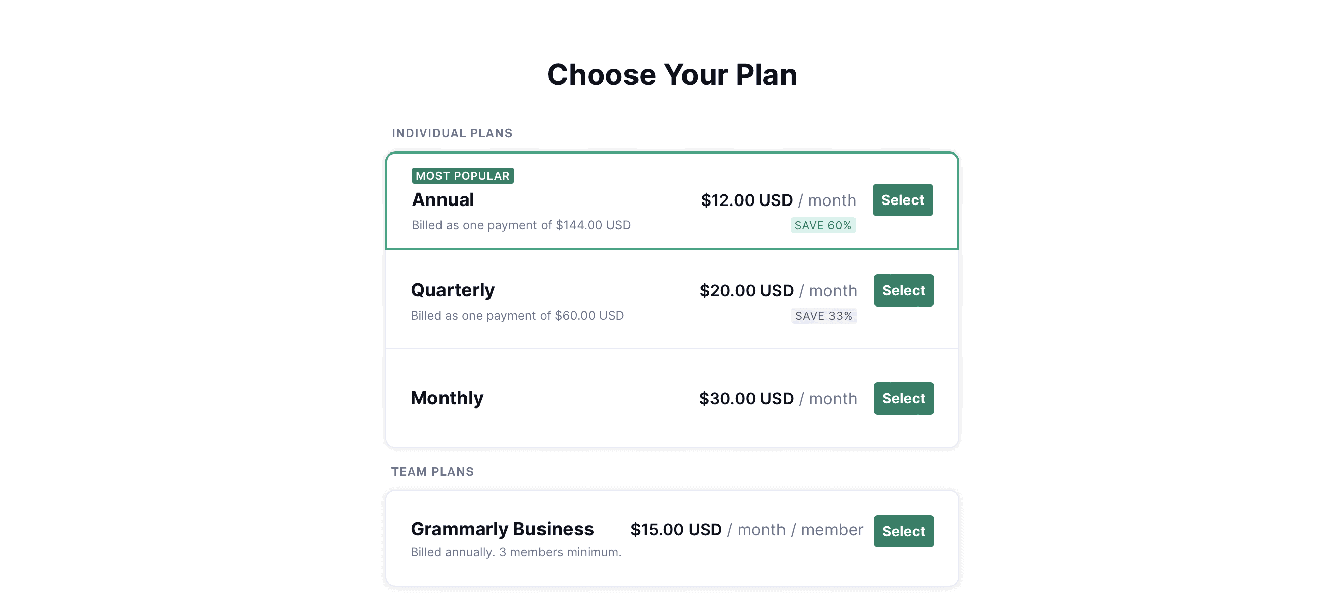 Grammarly pricing page