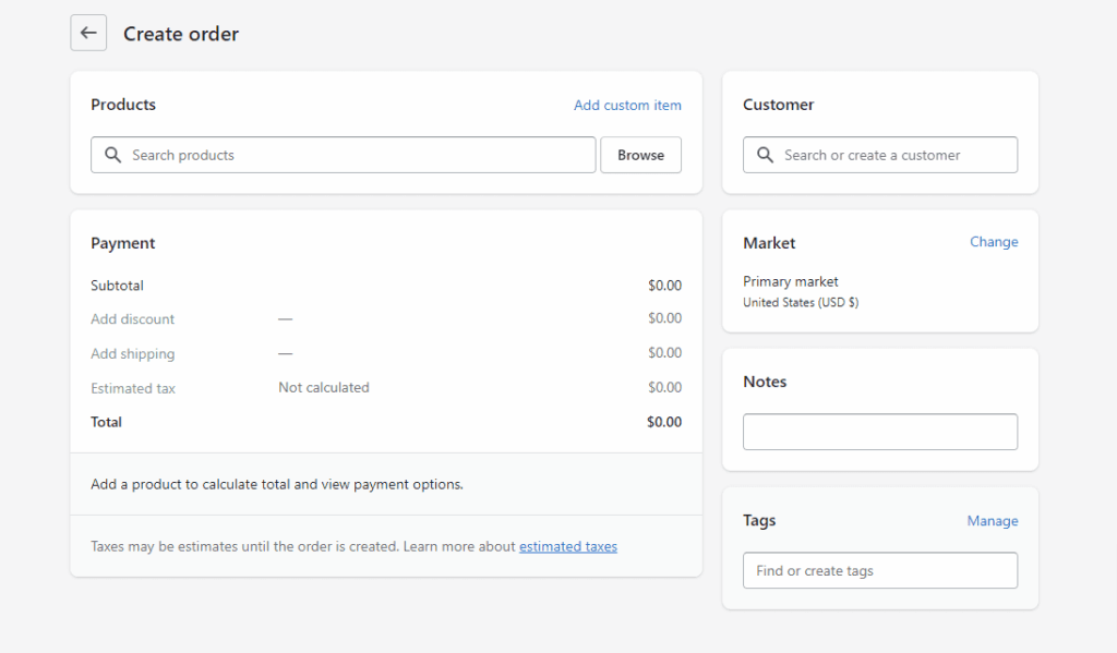 Shopify create order page