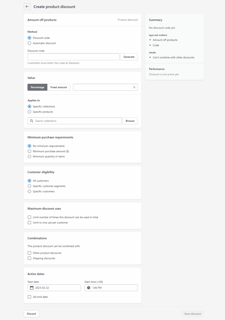 Shopify product discount creation panel