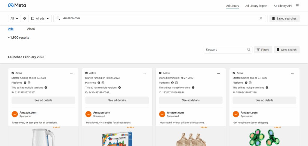 Meta ad library results for amazon.com