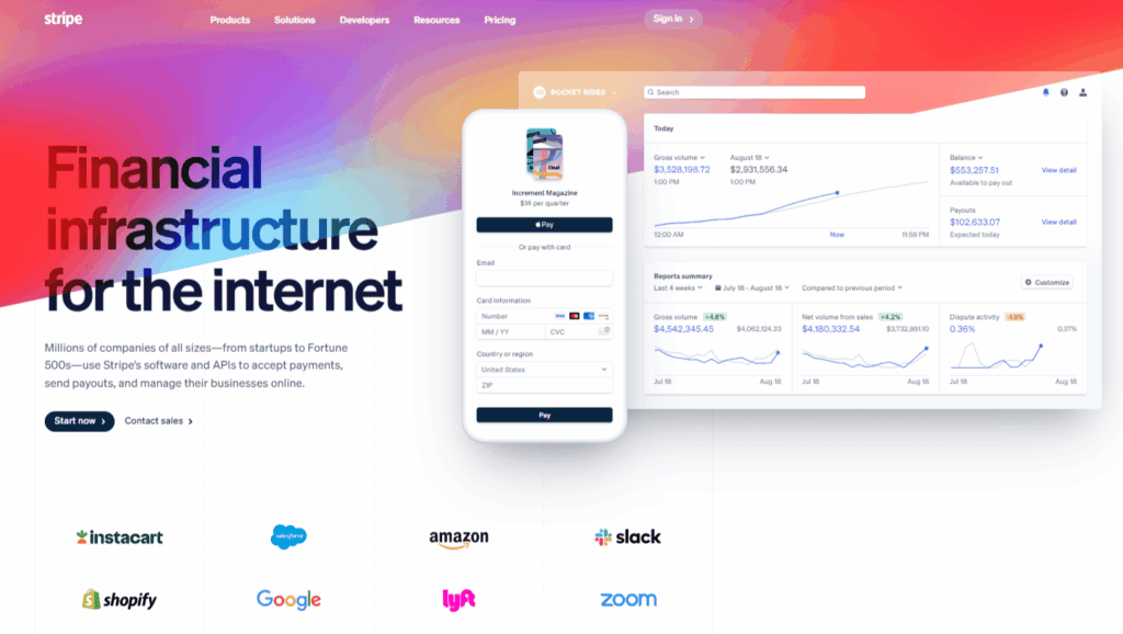 Stripe payment processing platform for the internet