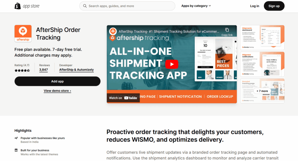 AfterShip order tracking Shopify app