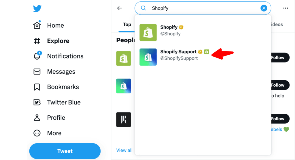 Find the Shopify Twitter support page