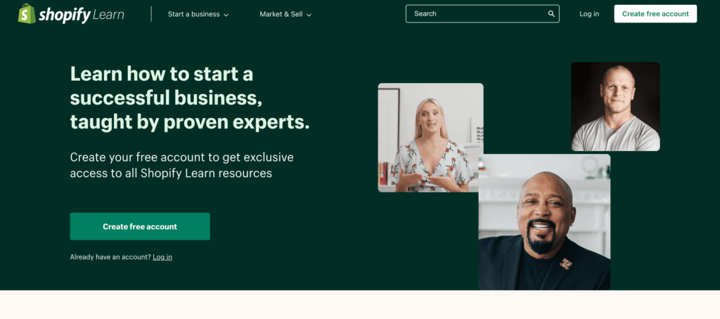 Shopify learn homepage