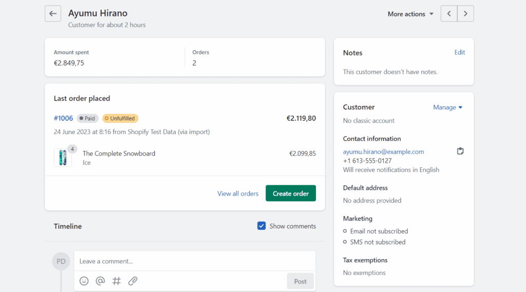 Shopify admin customer profile