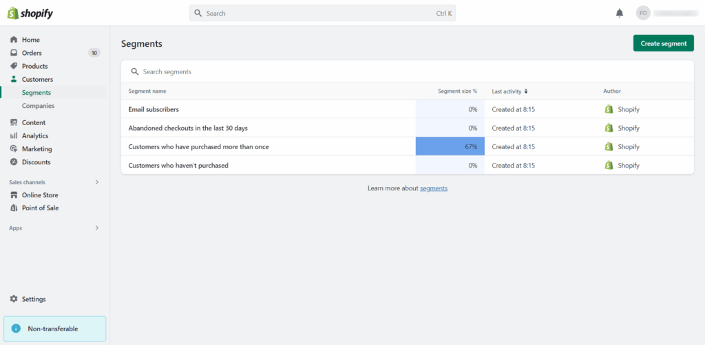 Shopify admin customer segments