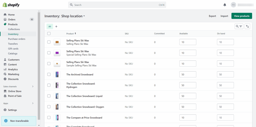 Shopify admin inventory