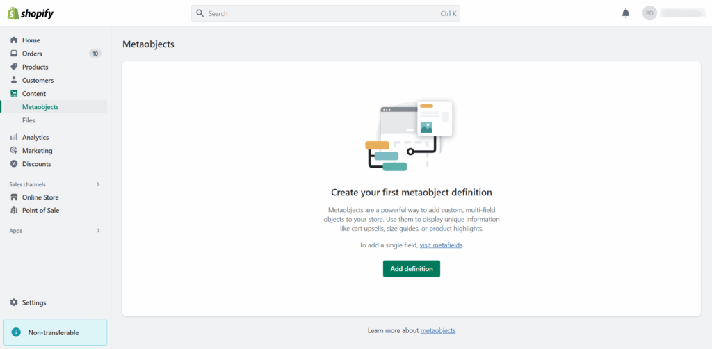 Shopify admin metaobjects