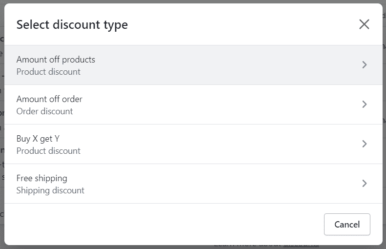 Shopify admin discount types