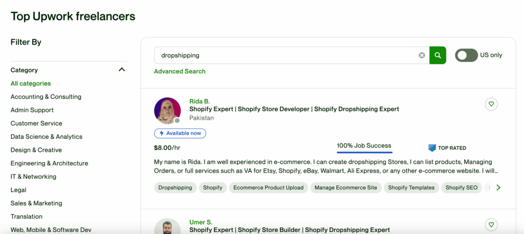 Searching dropshipping on Upwork