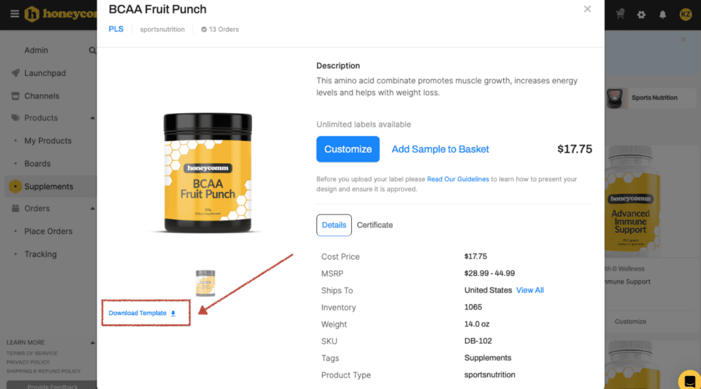 HoneyComm supplement product templates