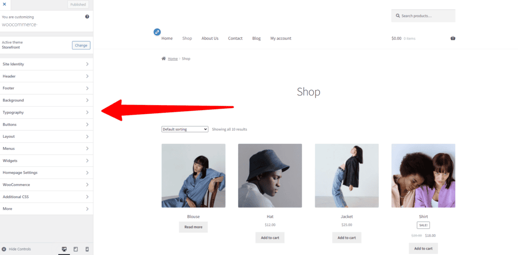 WooCommerce Customizer on the left side