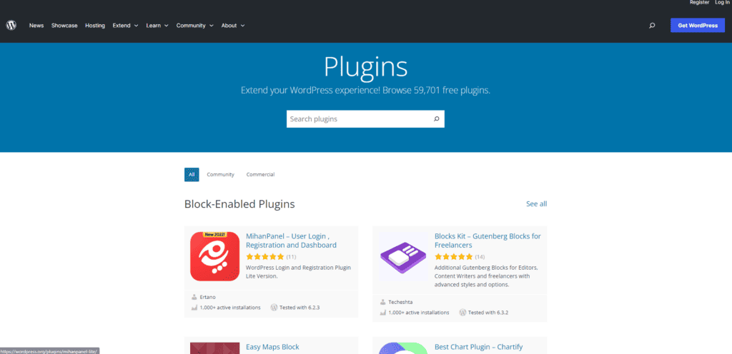 WordPress plugins page