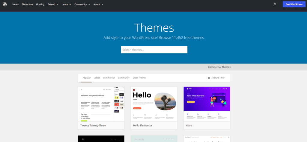 WordPress themes page