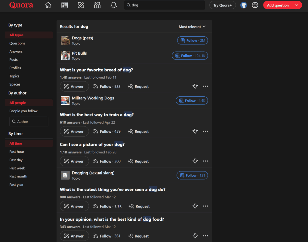 Quora dog niche questions search results