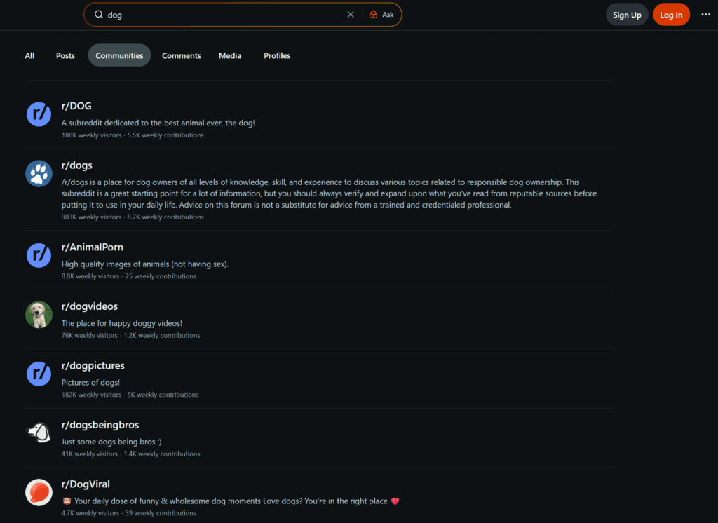 Reddit dog subreddits search results showing niche communities