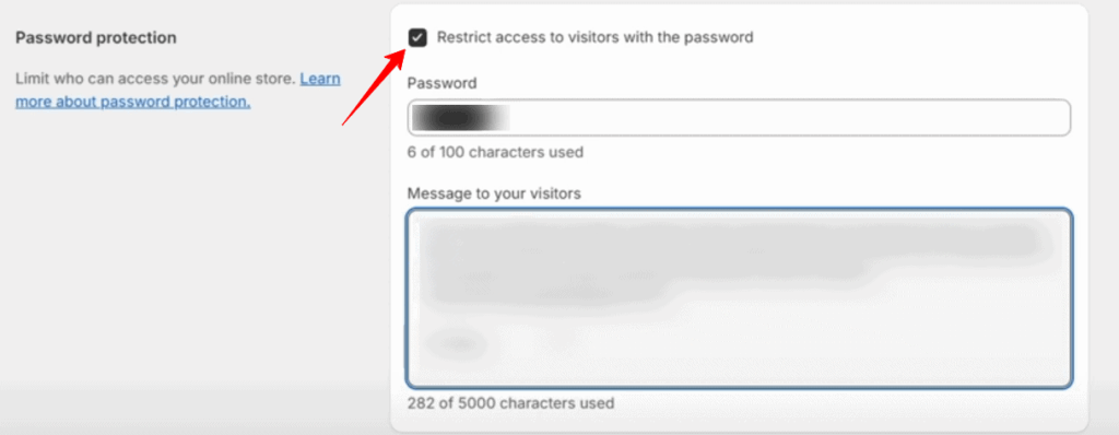 Password Protection section in Shopify admin