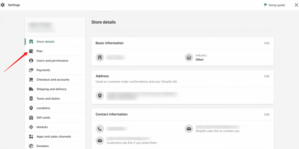 Plan in Shopify Settings