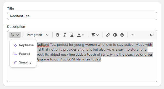 Product description rewrite using Shopify Magic