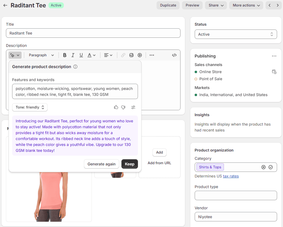 Shopify Magic's first version output for product description