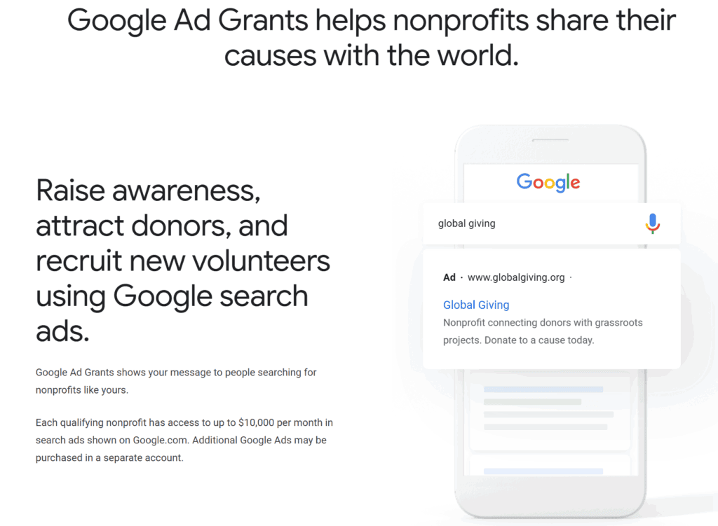 Each qualifying nonprofit has access to up to $10,000 per month in search ads shown on Google.com.