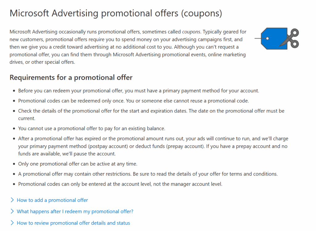 Microsoft Advertising promotional offers (coupons)