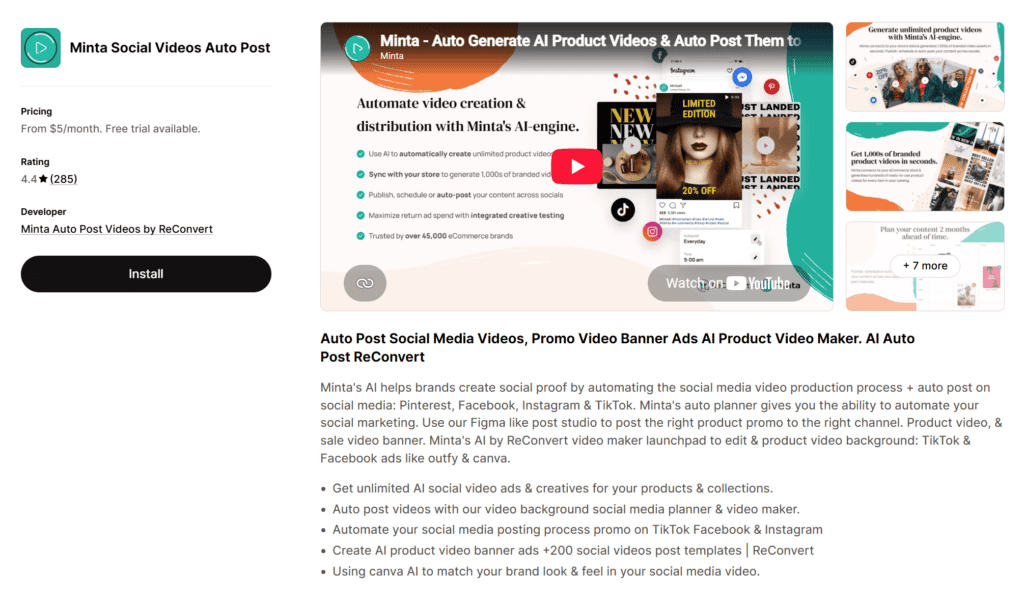 Shopify app store listing of Minta