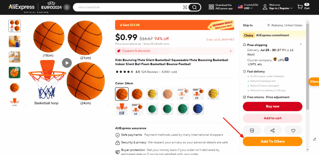 AliExpress page "Add to DSers" button