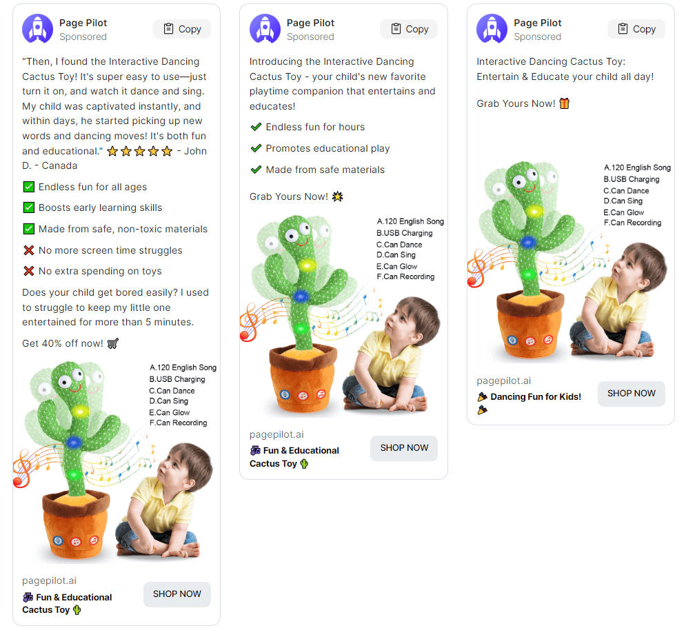 Page Pilot ad copy examples