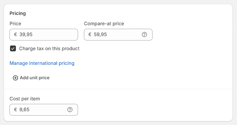 Shopify product pricing settings