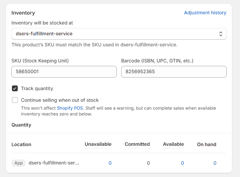 Shopify product inventory settings