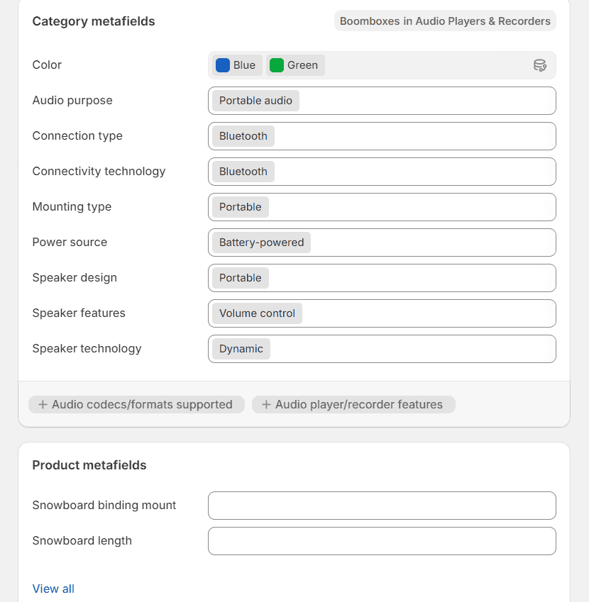 Shopify metafields settings