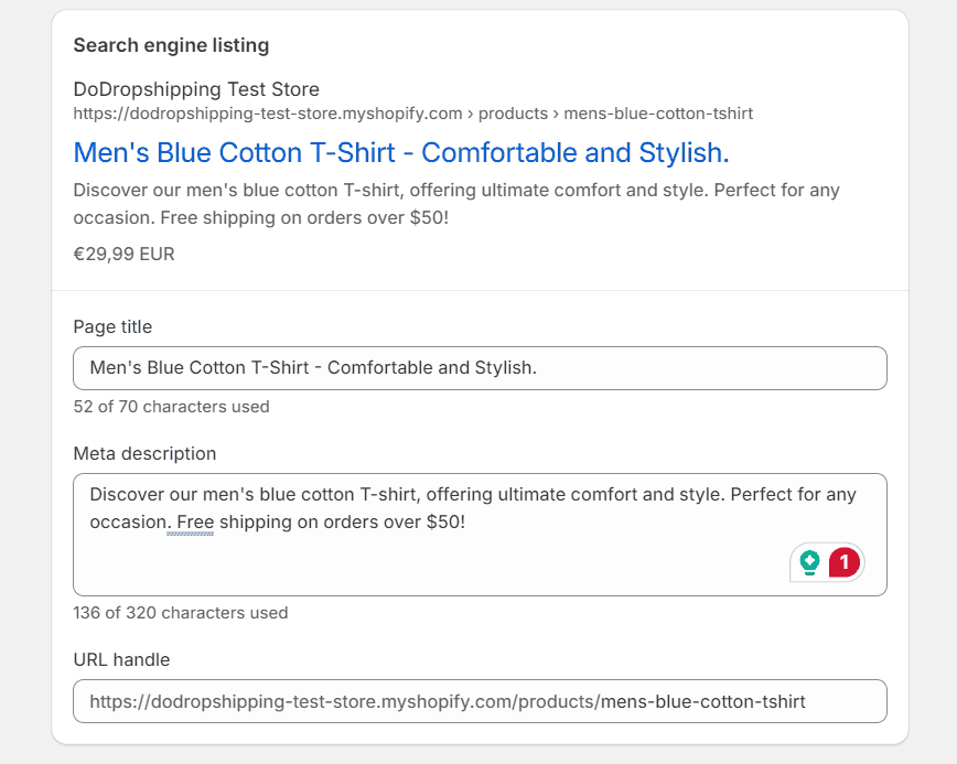 Shopify product SEO settings example