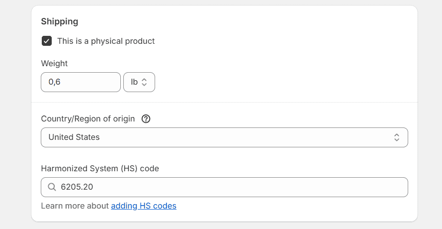 Shopify product shipping settings