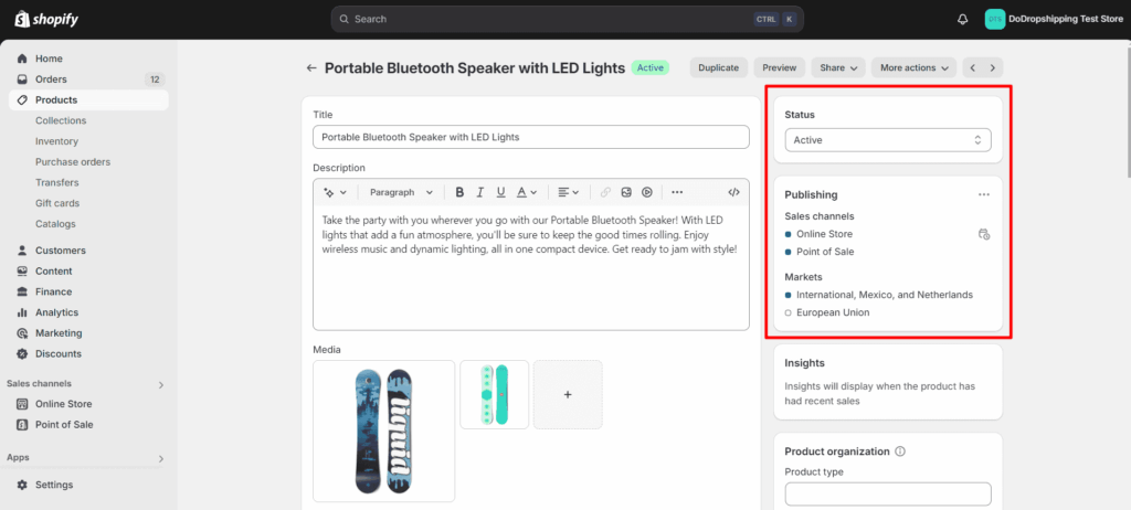 Shopify product status and publishing settings