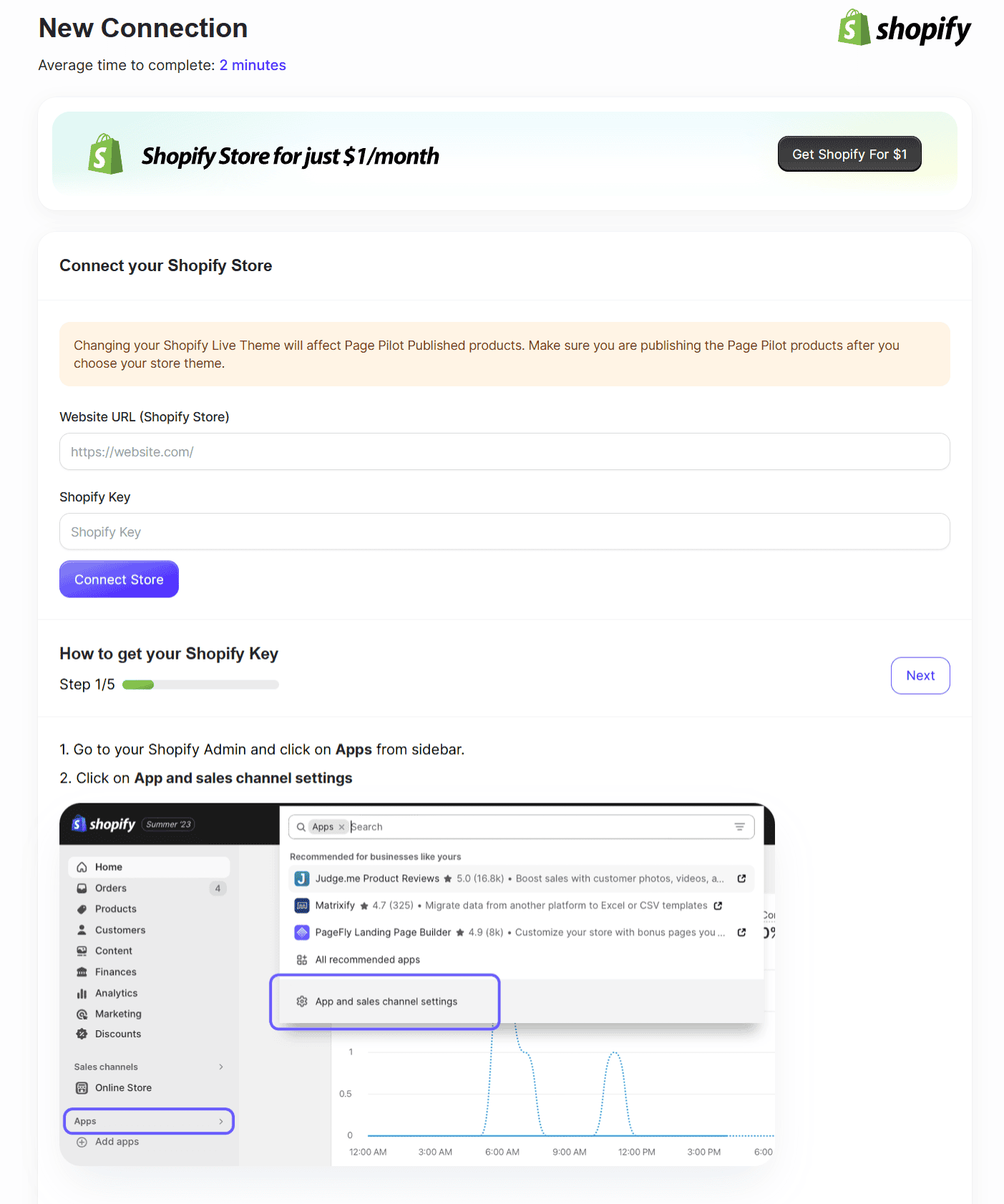 Page Pilot new Shopify store connection