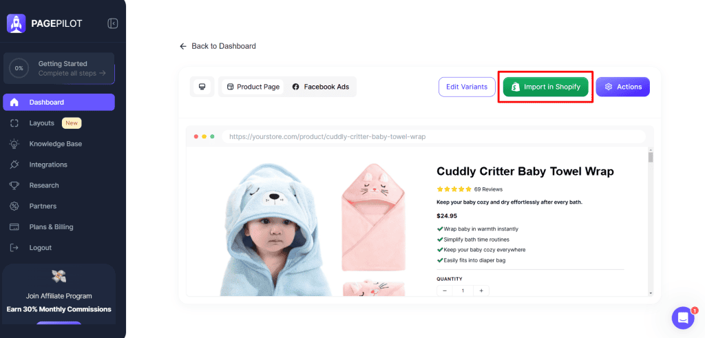 Page Pilot import to Shopify