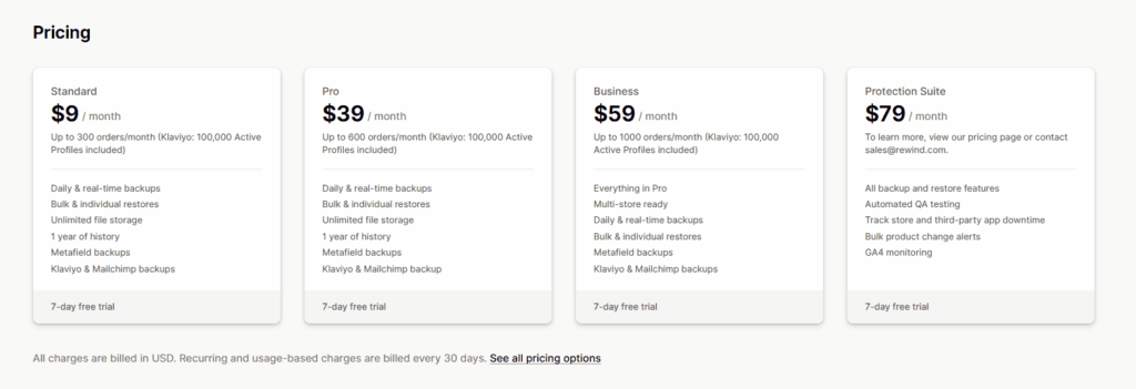 Rewind Backups pricing