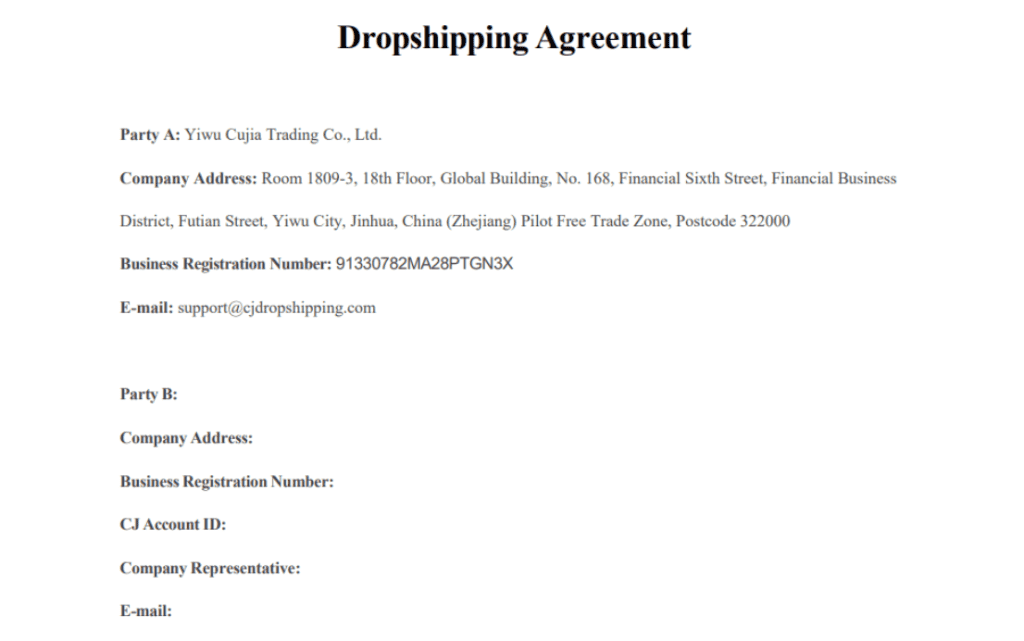 Dropshipping agreement contact information example
