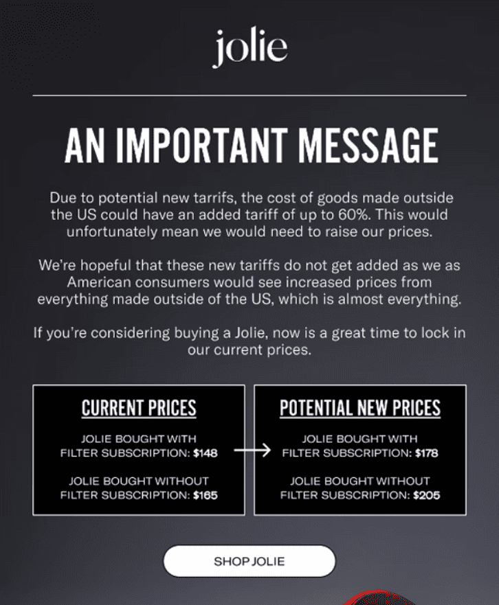 Jolie price increase tariffs