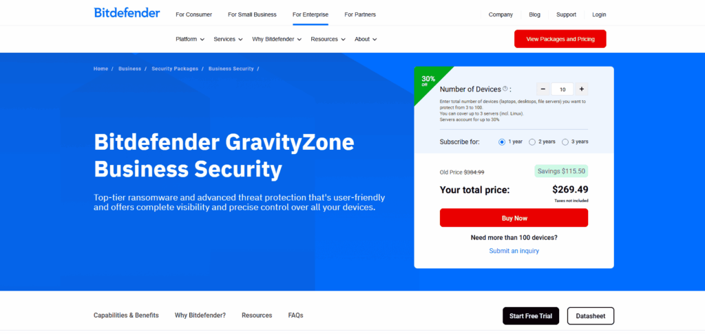 Bitdefender GravityZone Business Security page