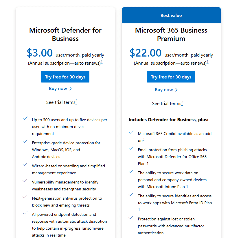 Microsoft Defender for Business pricing