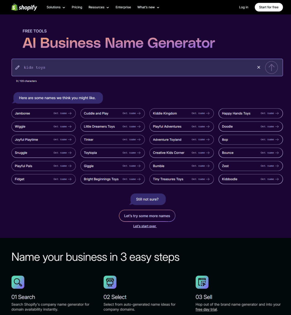 Shopify free AI business name generator