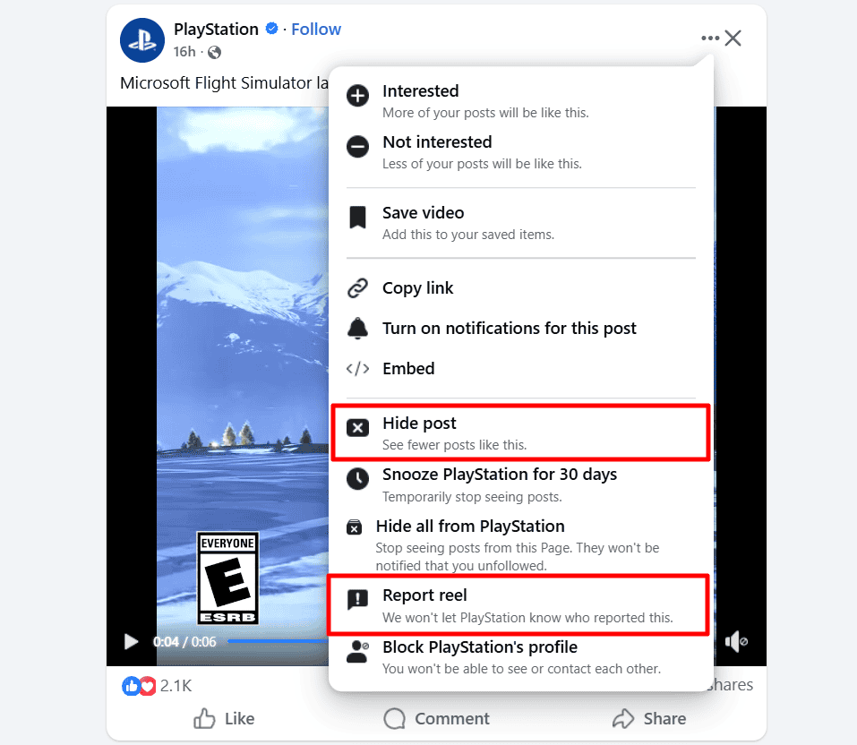 Facebook Ads hide and report buttons