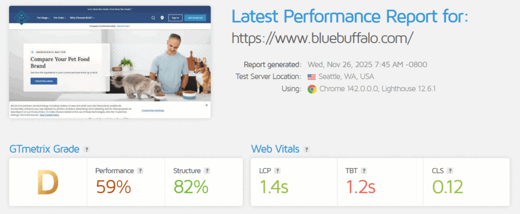 GTMetrix speed report