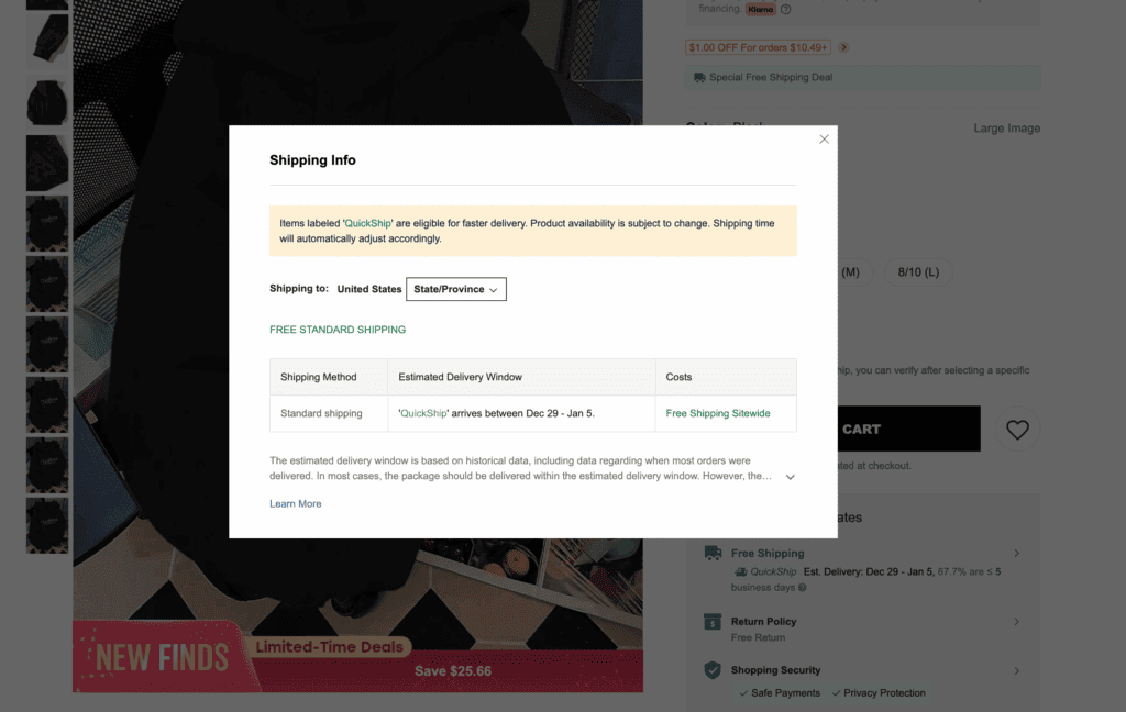 Quickship shipping info US