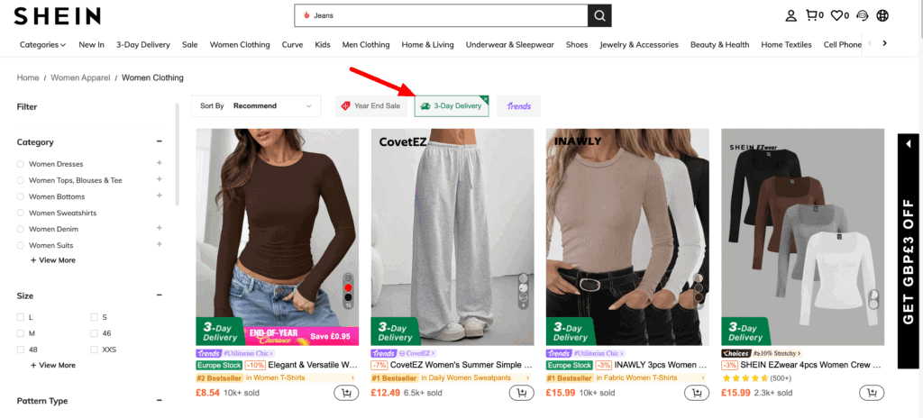 Shein 3-day delivery filter for the UK