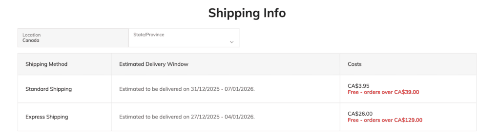 Shein shipping info for Canada