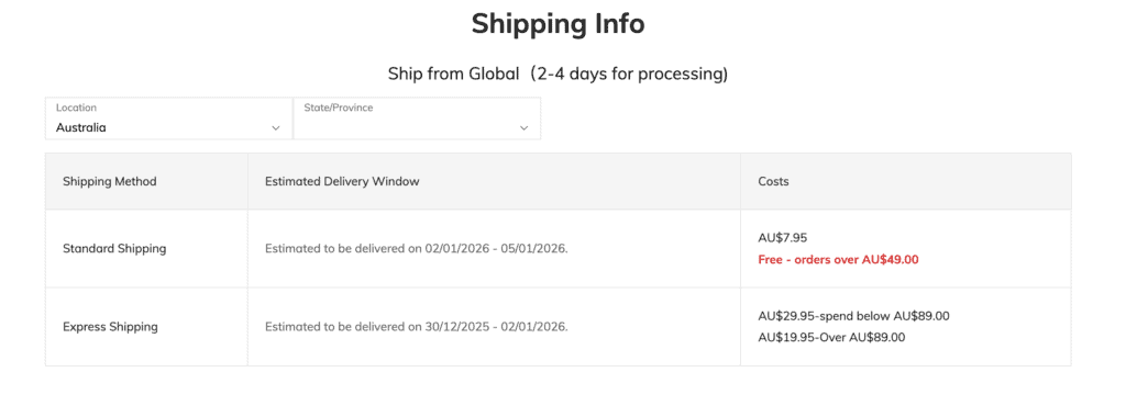 Shein shipping info Australia